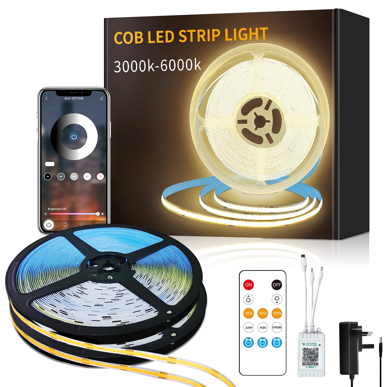 Yeewhale 30M COB LED Strip Lights 3000K 24V Dimmable Warm White LED Strip Kit, with Remote and app Control and UKCA Power Supply LED Tape Lights for DIY Home Decoration（2 Rolls of 50ft）