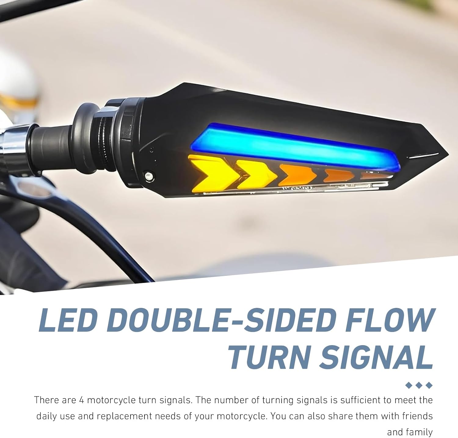 4 PCS Motorcycle Turn Signal Lights, LED Arrow-shape Indicator with Yellow Flowing Light Effect, Dual-sided Daytime Running Blinker, Universal Cool Modified Accessory for Motorcycle (Blue)