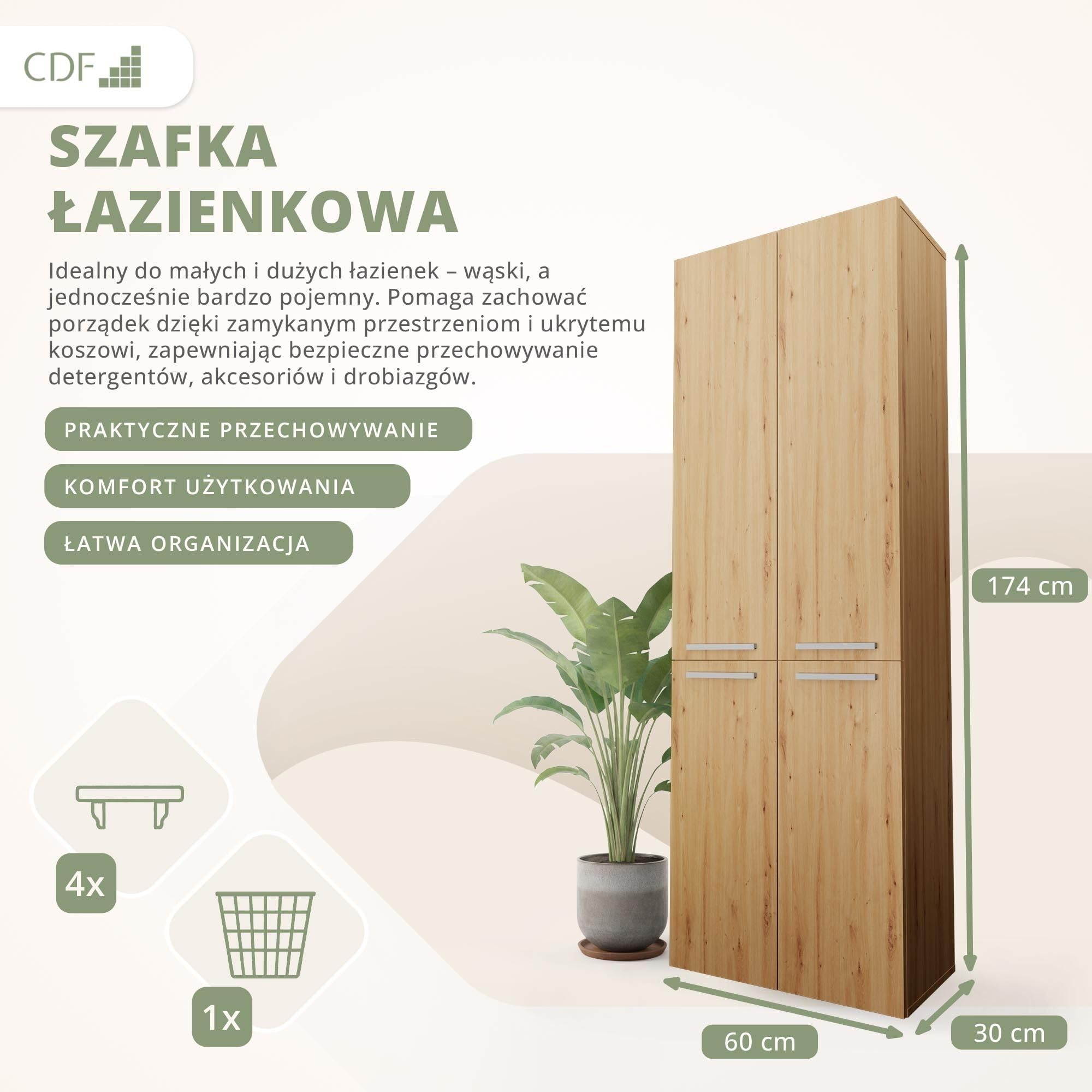 CDF Szafka łazienkowa z 1 koszem na brudną bieliznę, wysoka szafka, wyjmowana torba z uchwytami, przegródka z drzwiami 30 x 60 x 174 cm, dąb artystyczny, łatwy montaż