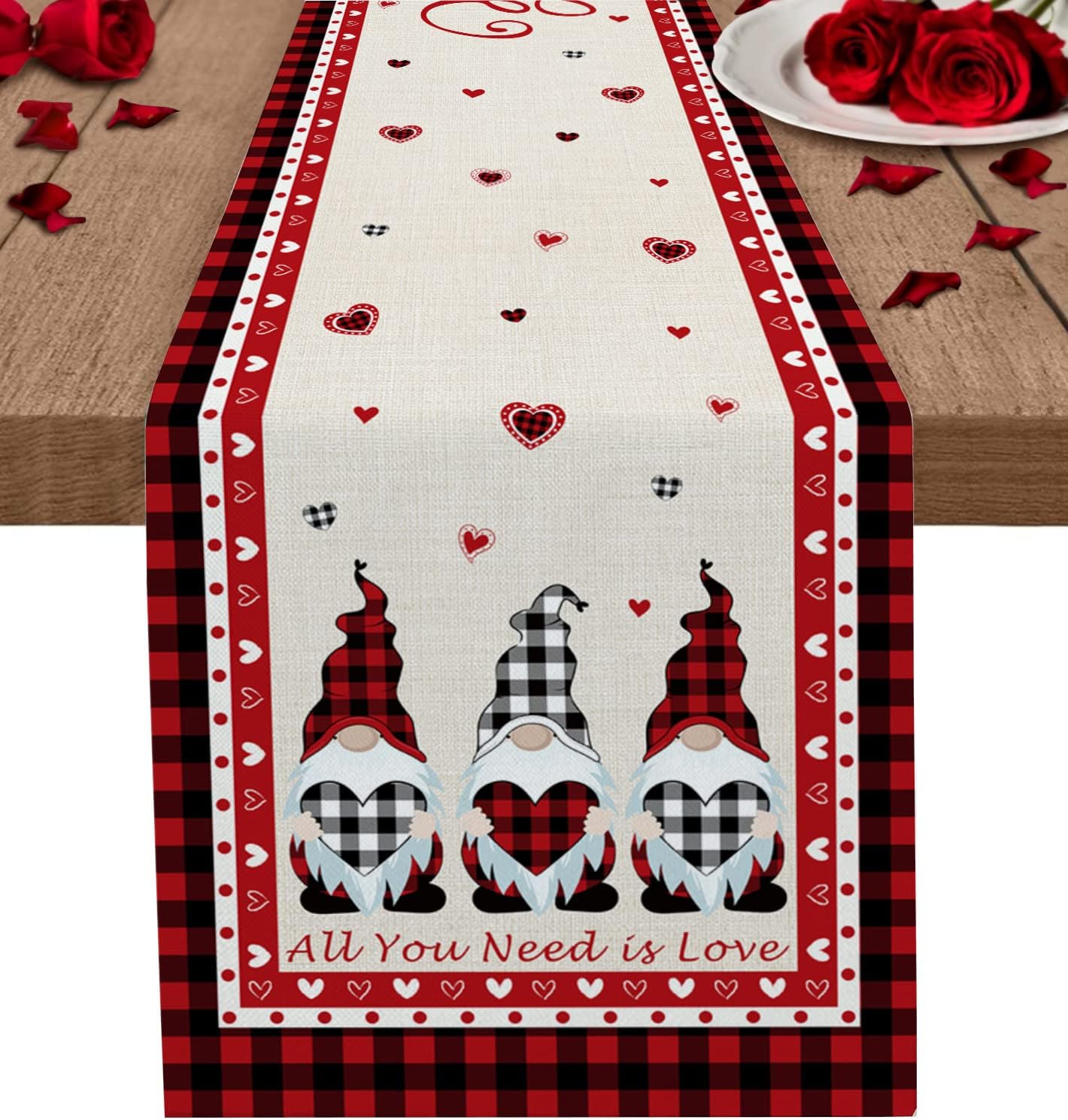 Queenker Valentine's Day Table Runner,Happy Valentine's Day Gnomes Black Red Buffalo Plaid,Dining Table Runners for Living Room,Party Winter Holiday Decoration,13x120 Inch
