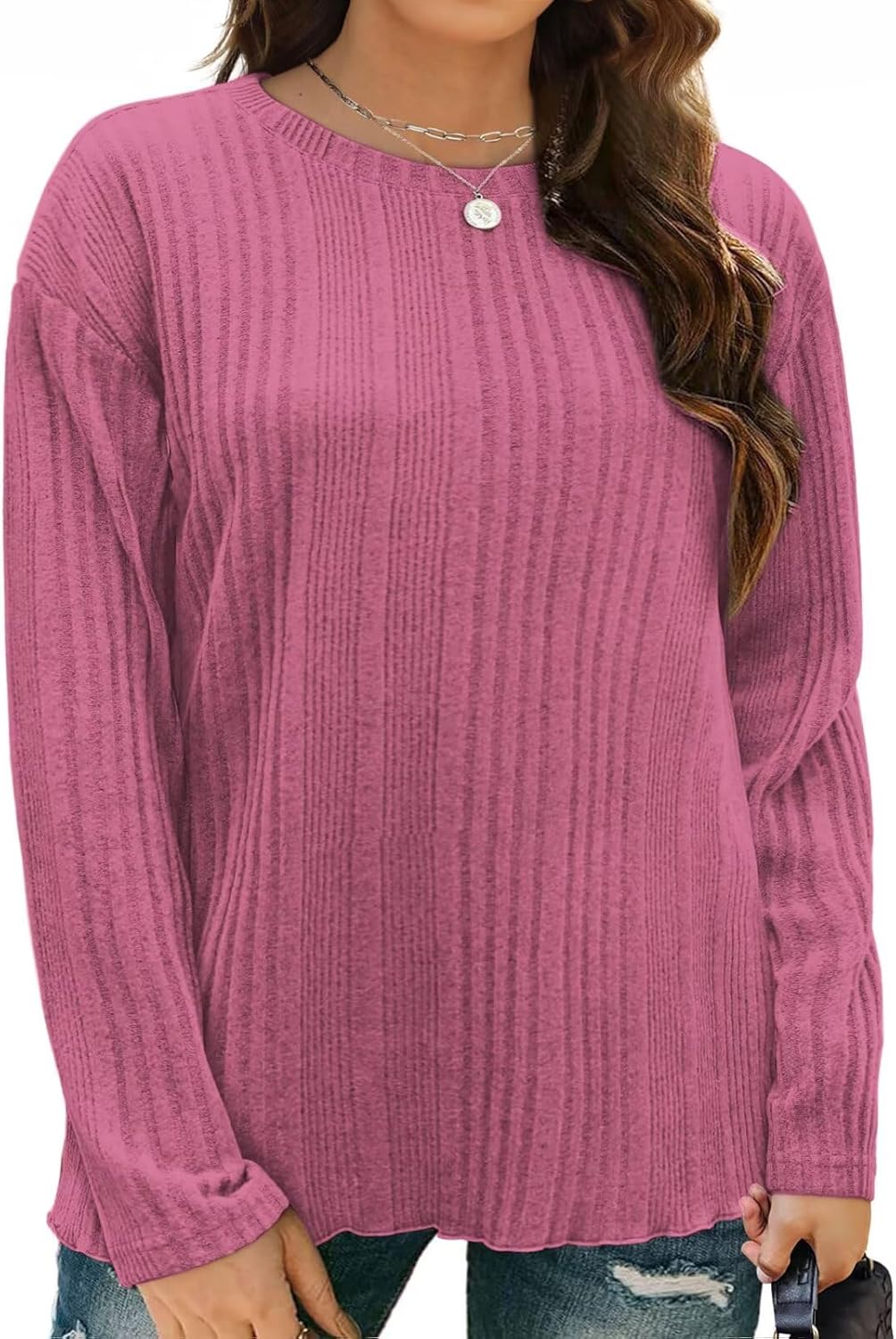 DOLNINE Plus-Size-Tops for Women Casual Crewneck Shirts Comfy Long Sleeve Tees Ribbed Knit Lightweight Sweatshirts XL-5XL - Image 2