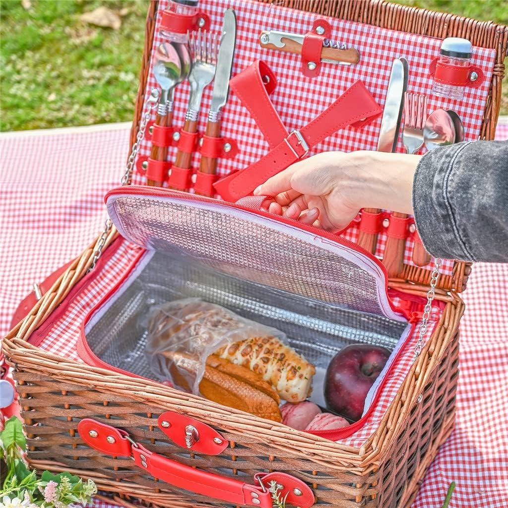 24PCS Handmade Wicker Picnic Basket Set for 4 Person with Waterproof Blanket for Family Outdoor Party