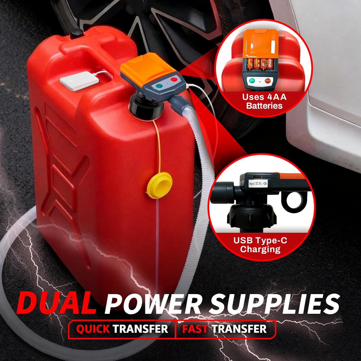 Gas Can Fuel Pump Cordless - 3.8 GPM Fast Flow Fuel Transfer Pump with Auto-Stop, Battery/USB Powered, 4 Adapters (Fits Racing Jug) - Gifts for Men, Gas Pump for Gasoline, Diesel, Oil