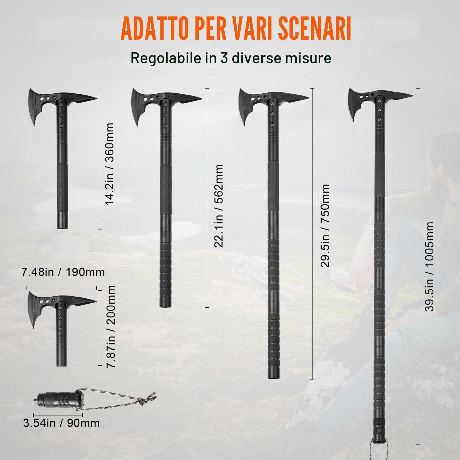 VEVOR Survival Shovel Axe, Pale Pieghevoli da Campeggio con Ascia, Combo Pala in Acciaio Inox 28 Pezzi di Accessori, Attrezzatura per Sopravvivenza Emergenza per Campeggio ed Escursionismo