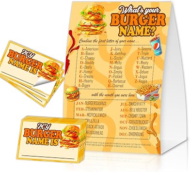 Whats Your Burger Name, Funny Burger Theme Game Cards Set,1 Game Sign and 30 Cards, Perfect for Birthday Party Activities