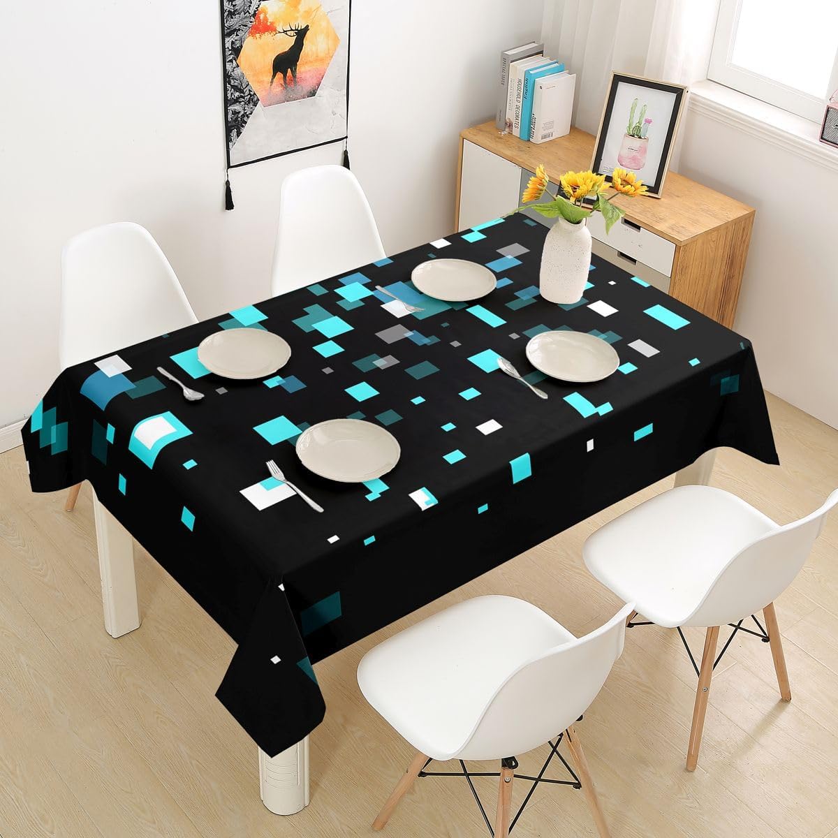 Manfei Pixelated Grid Tablecloths,Gamepad Patchwork Video Games Table Cover,Modern Geometric Lattice Table Cloth,Fuchsia Table Accessories for Kitchen,Square 55"x55" image 4