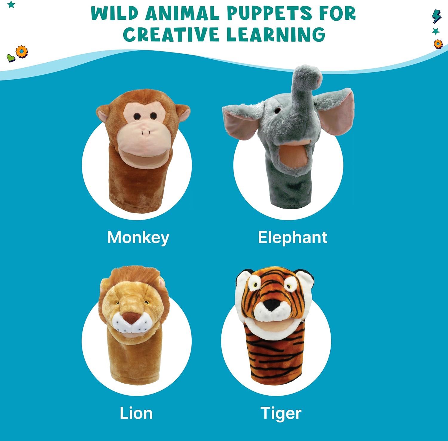 Get Ready Kids BigMouth Zoo Animal Hand Puppet Set - Set of 4, Large 12 Inch, for Toddlers Ages 1-3, Includes Lion, Tiger, Elephant and Monkey, Soft Plush for Kids