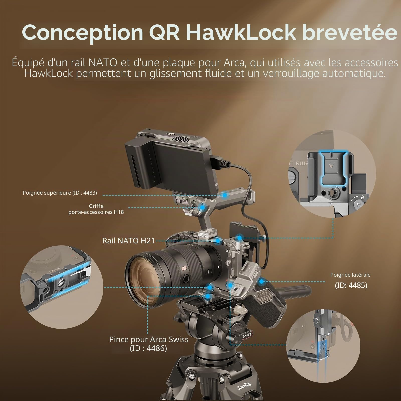 SMALLRIG Kit Cage Caméra HawkLock QR pour Sony FX3 / FX30 avec Extension de Poignée XLR, Dragonne et Serre-câble pour HDMI, Griffe Froide QR, Rail OTAN/Plaque QR pour Arca, Gris Titane - 4771