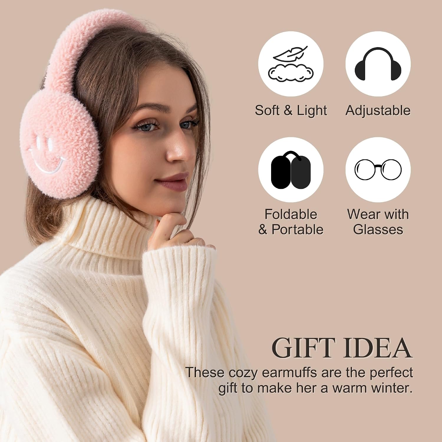 Flammi F Ear Muffs for Winter Women, Adjustable Head Band Fuzzy Faux Fur Earmuffs Foldable Ear Warmer Girl Soft Smiley Face