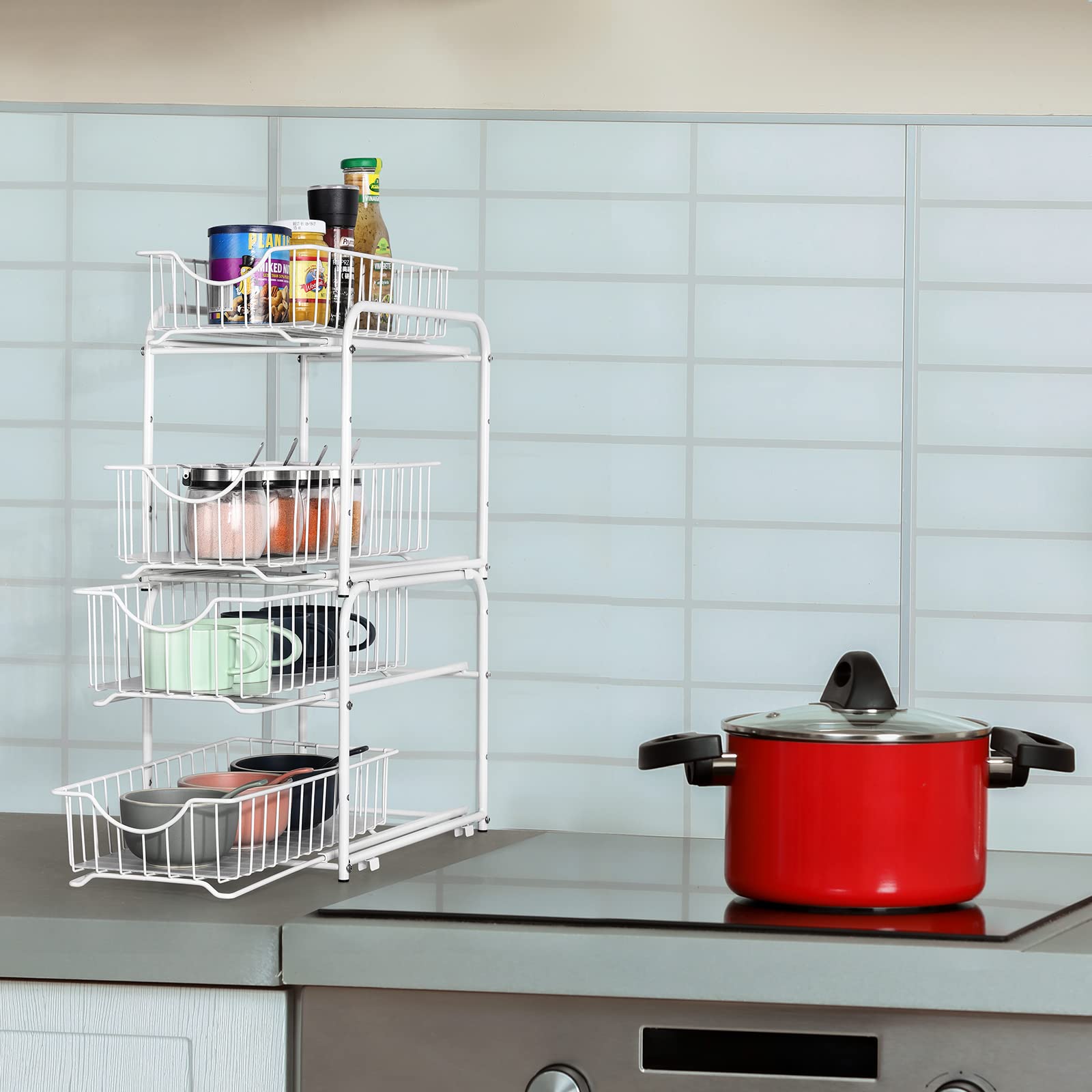 Unterwaschbecken-Organizer mit Schubladenkorb, 2er-Pack, Schiebeschrank-Organizer mit Metall, 2 Ebenen, Unterwaschbecken-Aufbewahrung, Unterwaschbecken-Schrank-Organizer, Weiß
