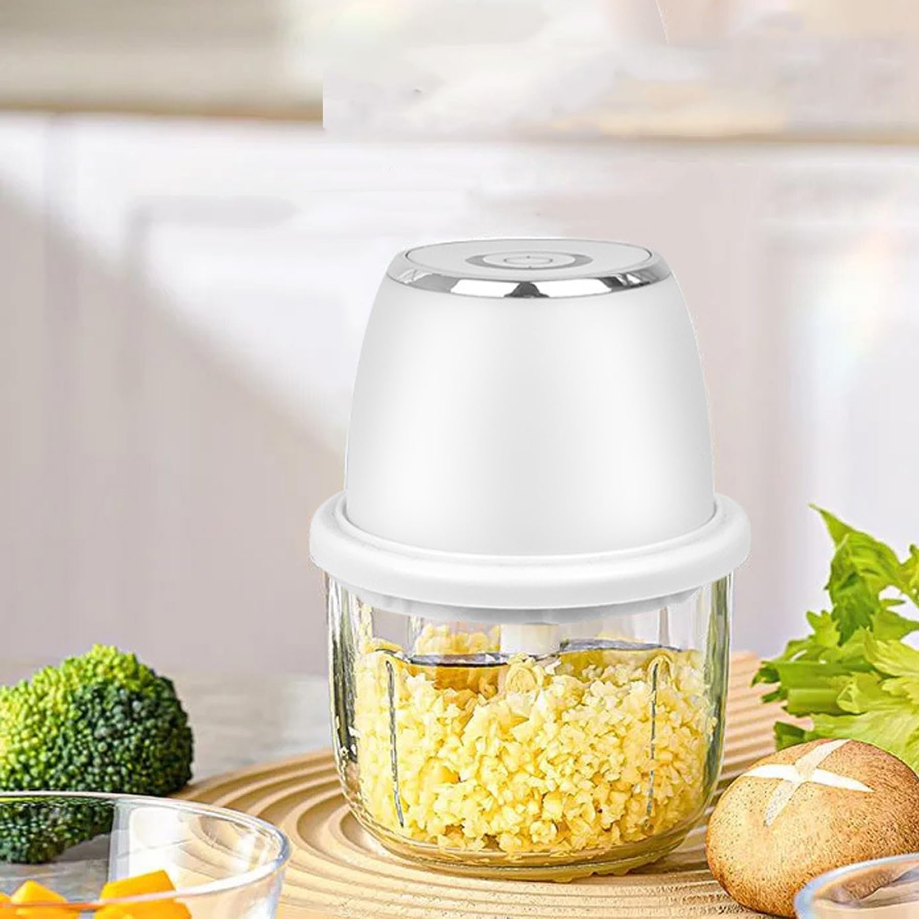 Picadora de ajos eléctrica, mini picadora de alimentos de 350 ml con 6 cuchillas de acero inoxidable y vidrio espesado, mini procesador de alimentos inalámbrico para ajo, jengibre, hierbas, fáci