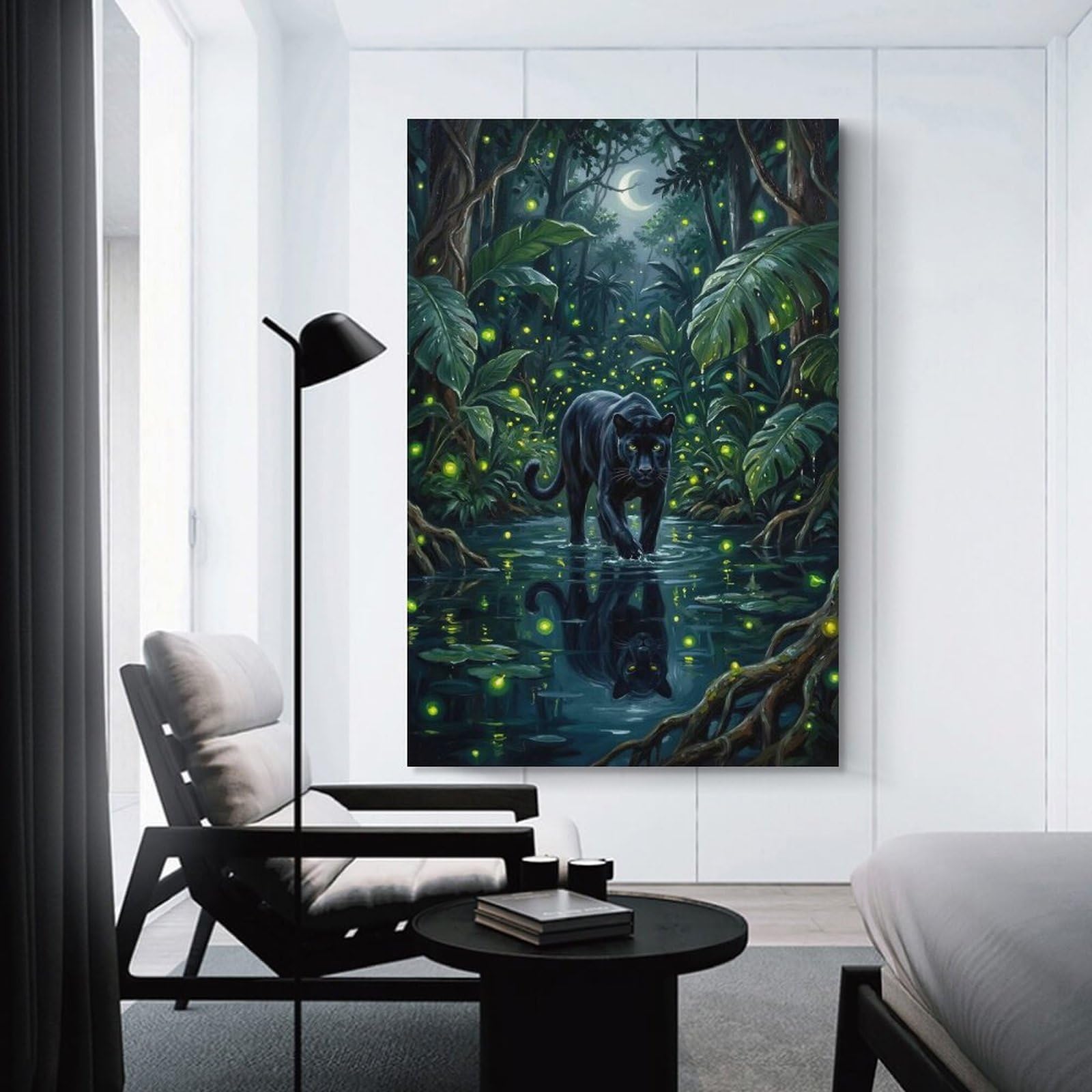 Junmoney Black Panther in Jungle at Night Canvas Art Print, 24x36inch(60x90cm), for Bedroom Decor, Cosy Corners Or Studios, A Warm Accent for Relaxed Interiors