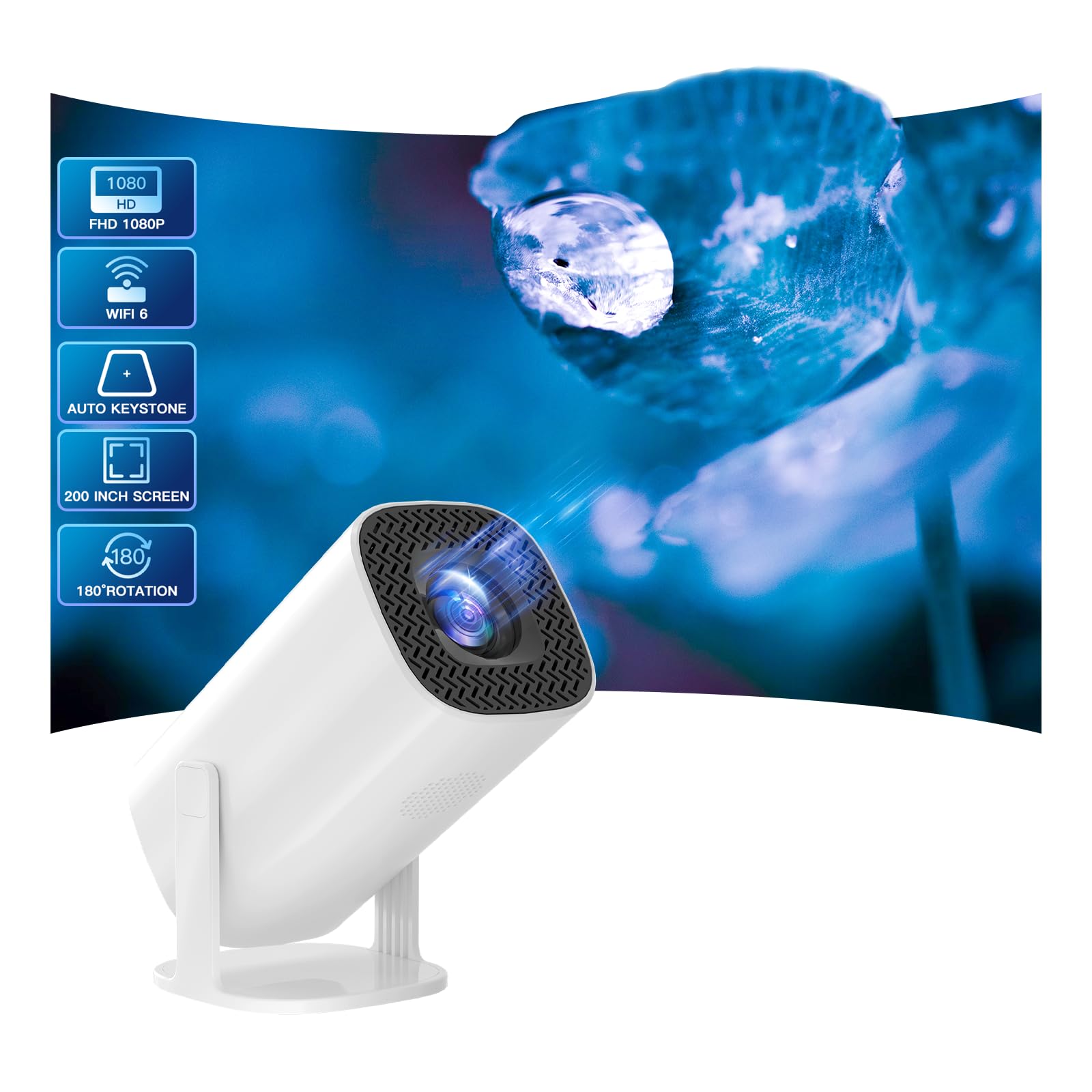 Mini Projector - 1080P Native HD, 4K Ultra HD Projector with WiFi & Bluetooth, Built-in Android TV 11.0, Auto Horizontal Keystone, 180° Rotatable Full HD Movie Projector 4K Projector