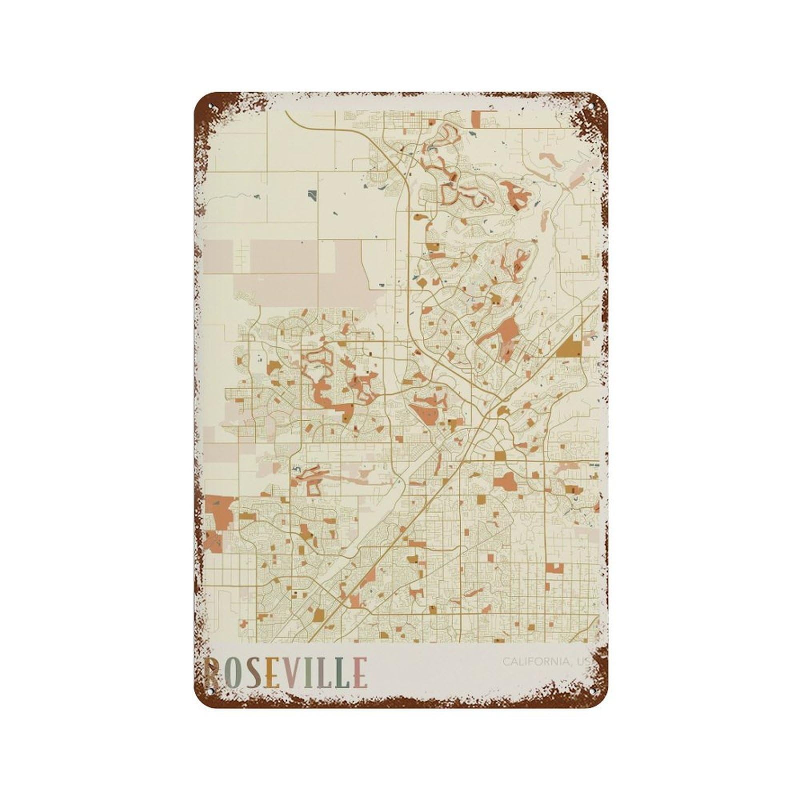 xiaoxiaoshen Roseville Map California Travel Gift Boho Wall Decor Art Metal Tin Poster Modern Home Decor Art Home Bar Shop Decorations Vintage Sign 30x20cm