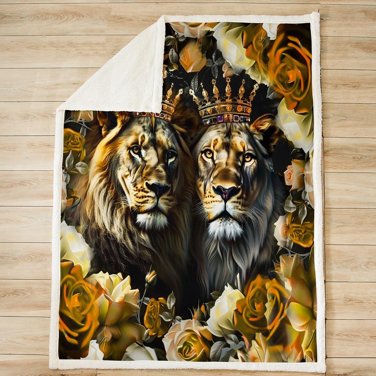 Wild Lion Couple Flannel Blanket,King and Queen Golden Crown Fuzzy Blanket for Children Present,3D Tropical Western Animal Yellow Flowers Polyester Throw Blanket for Couch, Twin Size (60 x 80 Inch)