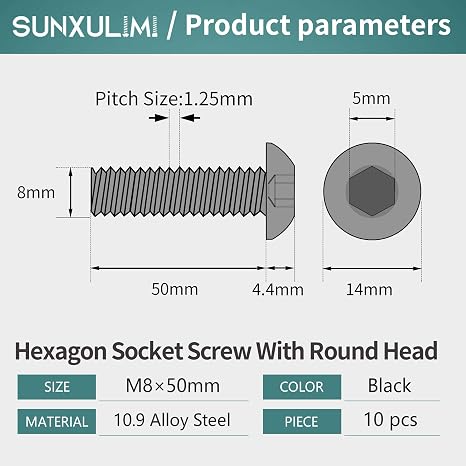 M8 Bolts Machine Screws Button Head Socket Screws Bolts 50mm 10.9 Grade Alloy Steel, Black Oxide Finish, Metric Allen Hex Drive, Fully Threaded, 10PCS