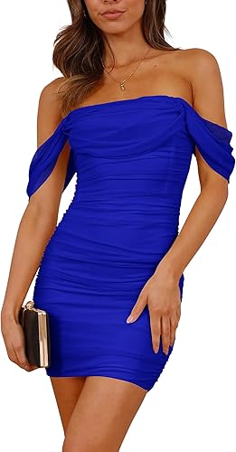 PRETTYGARDEN Cocktail Dresses 2025 Summer Off Shoulder Sexy Bodycon Ruched Mesh Graduation Wedding Guest Mini Short Dress