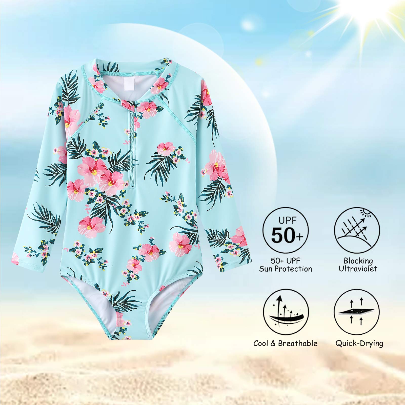 Girls Long Sleeve Swimsuit Kids One Piece Beach Rash Vest Girls Swimming Costume Age 5-16 Years