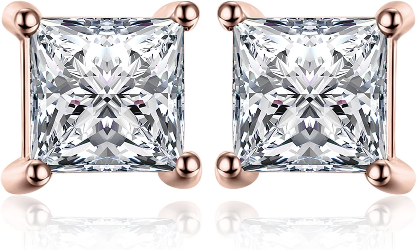 JewelryPalace Princess Cut 0.8ct Moissanite Solitaire Stud Earrings for Women, Square Shape 925 Sterling Silver 14k Gold Plated Earrings for Her, Simulated Diamond Earrings VVS D-F