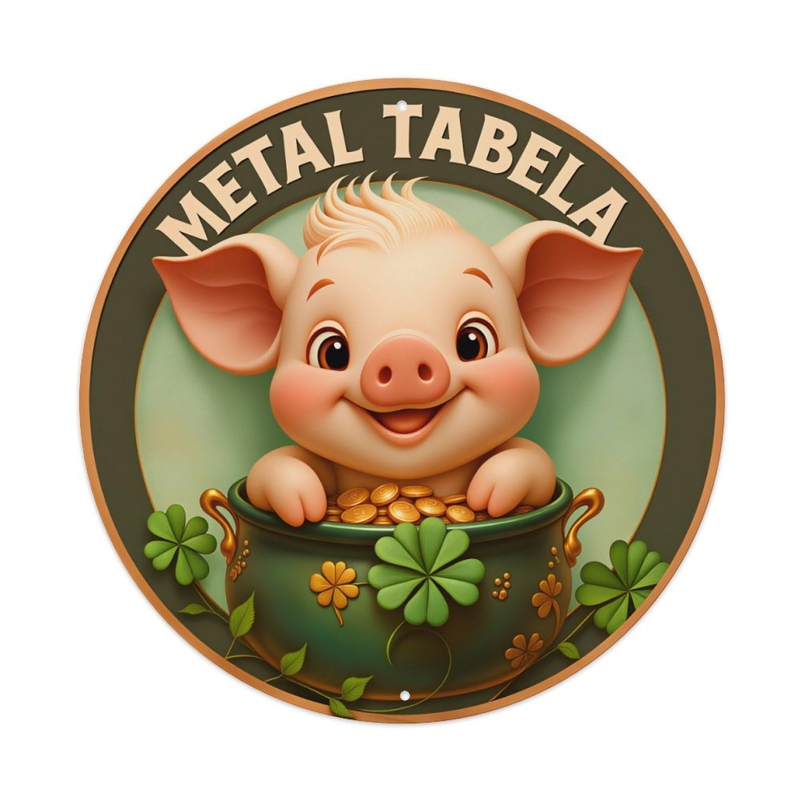 Cute Pig In Pot With Coins Round Tin Sign Vintage Style Metal Sign Home Bar Garden Wall Plaque Decor Metal Poster 8x8 Inch