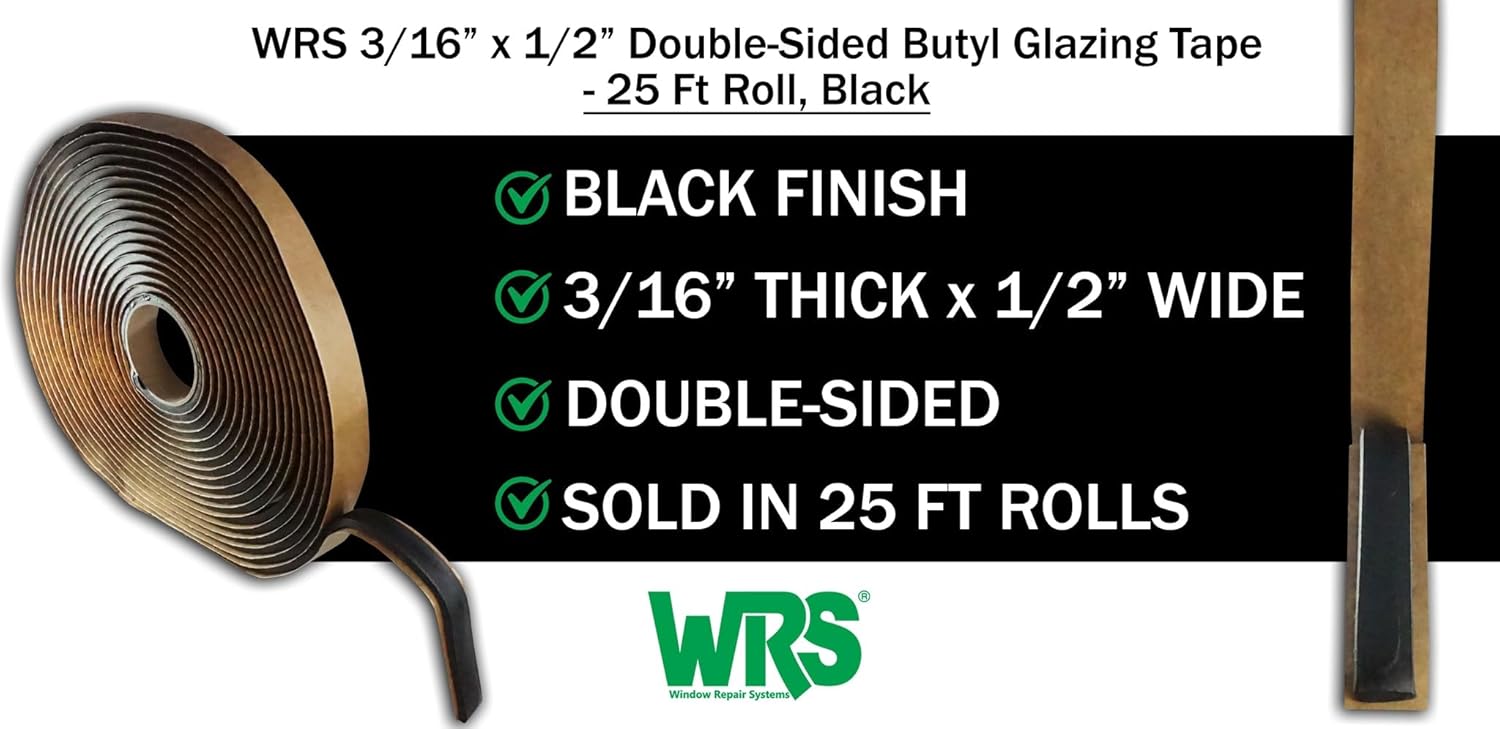 WRS 3/16" x 1/2" Double Sided Butyl Glazing Tape for Windows & Doors – Thick Waterproof Seal for Glass Installation, Heavy-Duty Weather-Resistant Tape (25 ft Roll, Black)
