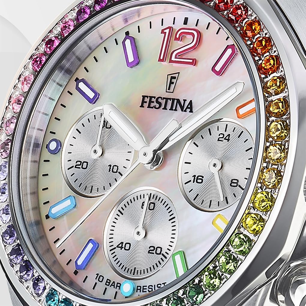 Festina Reloj Mujer Analógico de Acero Inoxidable 316l Plateado - Movimiento de Cuarzo Cronógrafo - Cristal Mineral de Alta Resistencia - Resistente al Agua 10 ATM F20606 - Boyfriend Collection