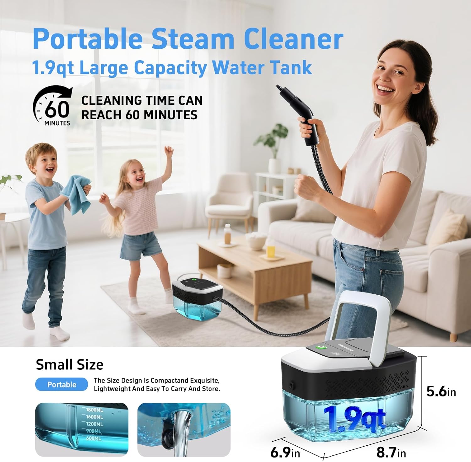 Steam Cleaner for Home(True High Temperature257℉),3-Levels Adjustable Handle Steamer for Cleaning,1.9 Quart Steam Cleaner for Car,2500W Handheld Steam Cleaner,Clean Grease,Dirt,Tile Furniture