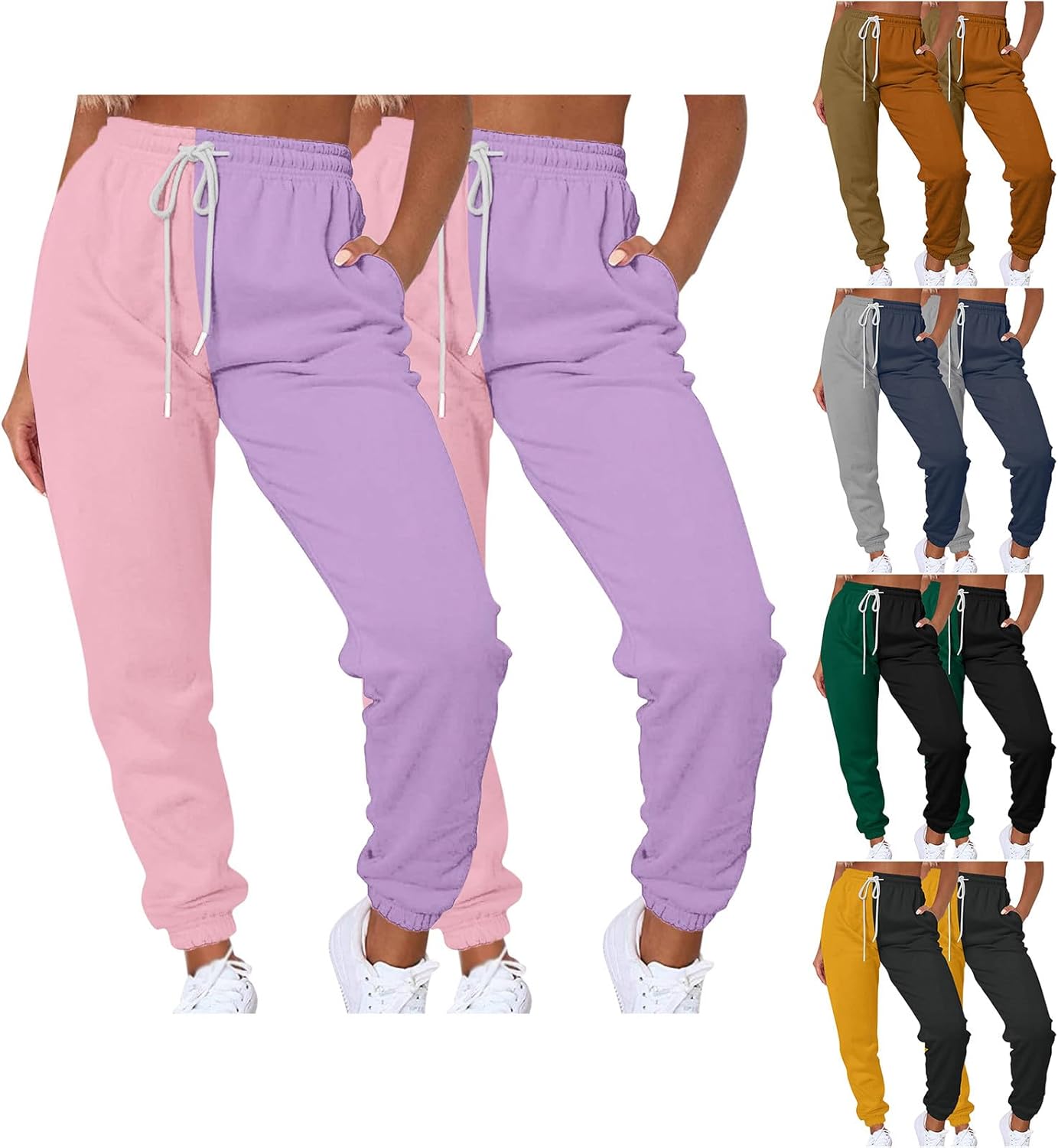 HGps8w 2 Pack Color Block Sweatpants for Women Drawstring Patchwork Casual Joggers Lounge Pants with Pockets