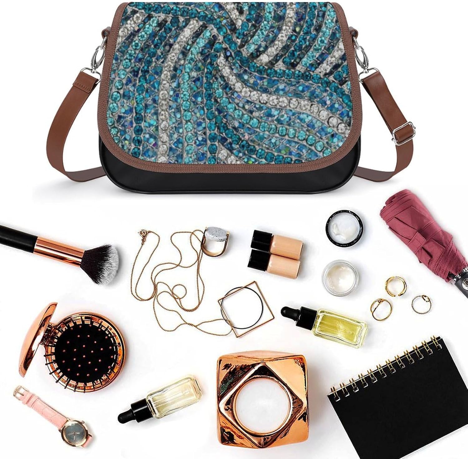 Chic Silver Grey Turquoise Blue Rhinestone CrystalWomen's Faux Leather Crossbody Bag, Waterproof Wrinkle-Resistant Shoulder Bag with Detachable Strap, Large Capacity Casual Handbag, Fashion Daily Purs