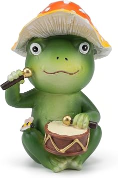 TJE Drummer Frog Garden Statue, Cute Resin Musical Frog Sculpture for Patio Yard, Funny Animal Ornament for Fairy Garden, Housewarming Gift for Women Mom