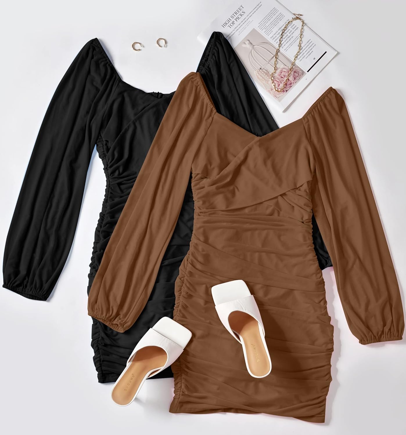 ZESICA Women's Sexy V Neck Ruched Bodycon Mini Dress Puff Long Sleeve Cocktail Wedding Party Short Dresses - Image 8