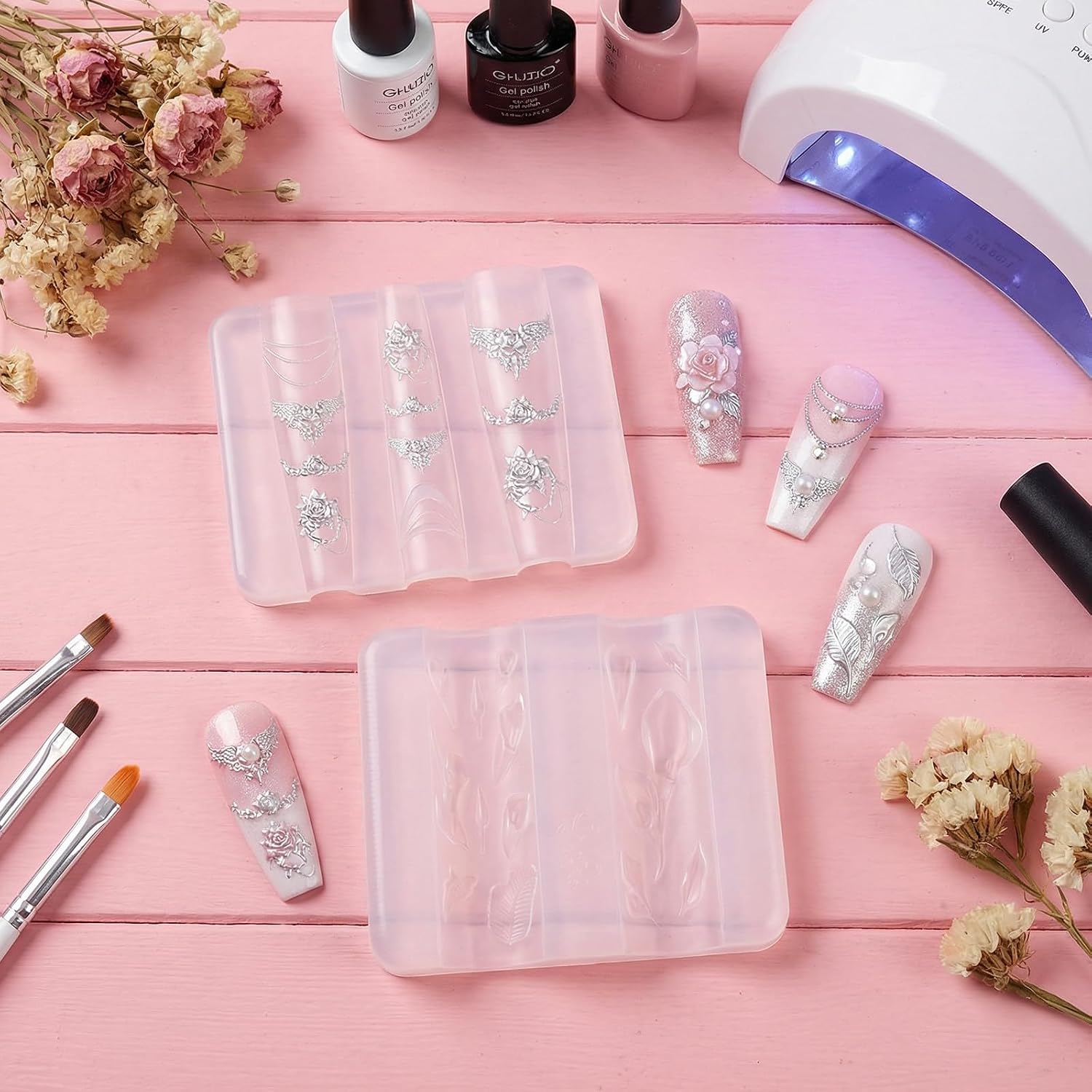 2 Pcs Nail Silicone Molds, Reusable 3D Flowers Mold for Nails, Clear Nail Art Molds, Lily Lace Flower Nails Design Manicure Template DIY Charms Resin Craft Accessories