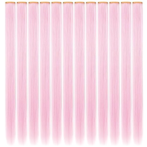 Extensiones de cabello de colores, 12 piezas de extensiones de cabello rosa claro para mujer, extensiones de cabello lacio con clip, extensiones de