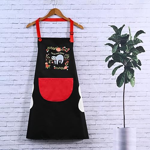 Miniatura 5 de Delantal para mujer con bolsillos para limpiar las manos, lindo perezoso y gato, delantal vintage, cuello ajustable para cocinar, vestido de