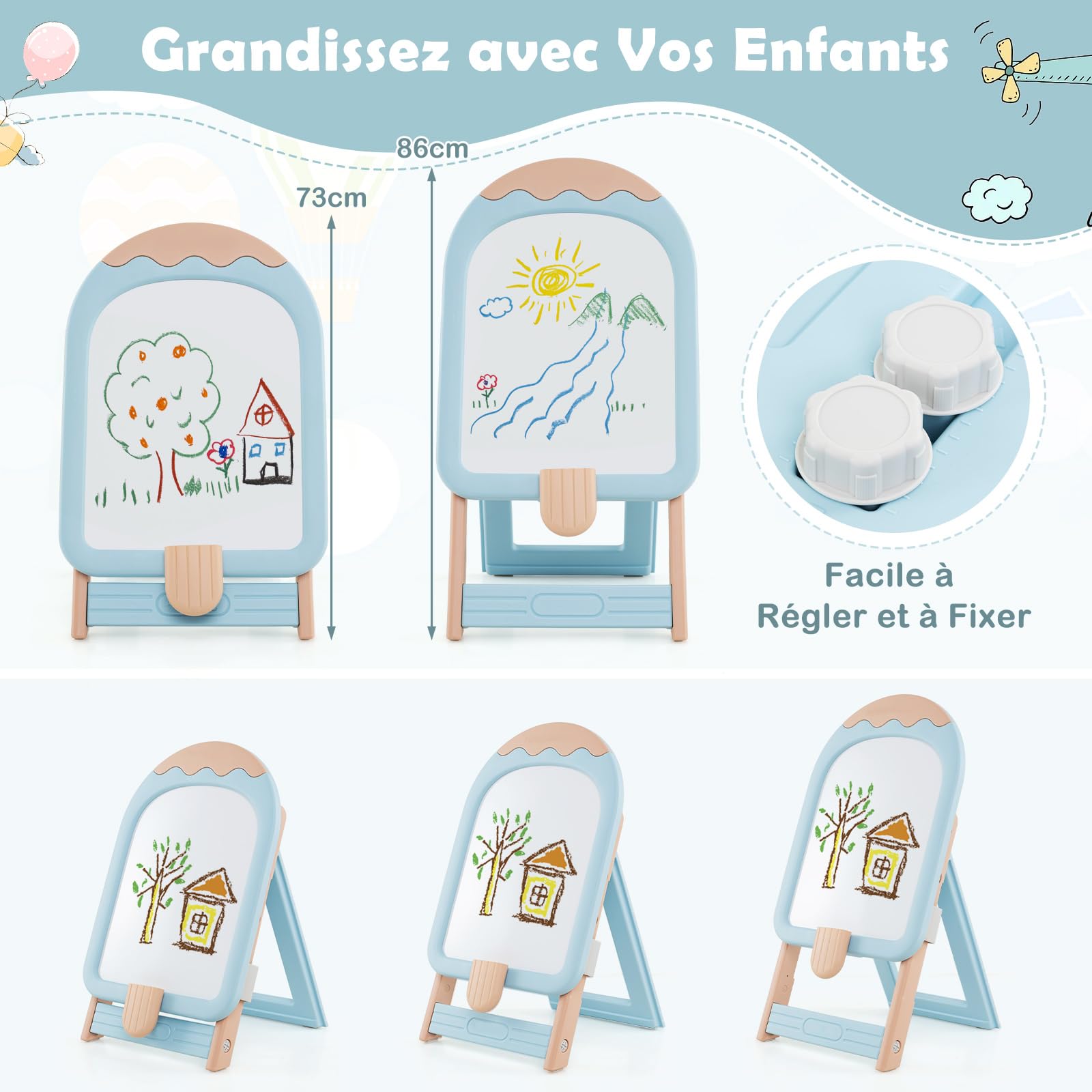 DREAMADE Tableau Enfants, Chevalet d'Art Pliable et Réglable en Hauteur, avec Tableau Blanc, Effaceur, Marqueurs et Boîte de Rangement (Bleu)