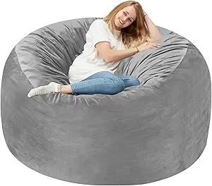 Homguava 4 FT Bean Bag Chair: 4' Bean Bags with Memory Foam Filled, Large Beanbag Chairs Soft Sofa with Dutch Velvet Cover-Light Grey