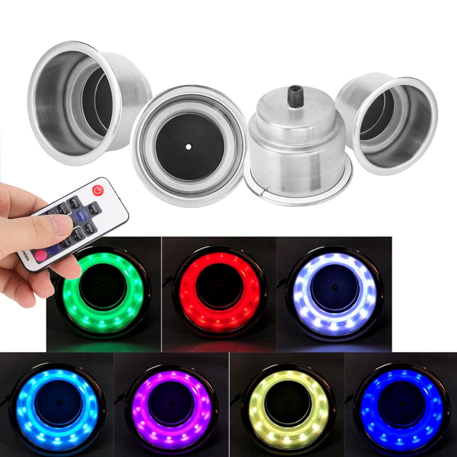 Dioche Porte-gobelet LED RGB en Acier Inoxydable 12V, 4 Pièces, avec Télécommande, Conception Antidérapante pour Camping-Car Marin