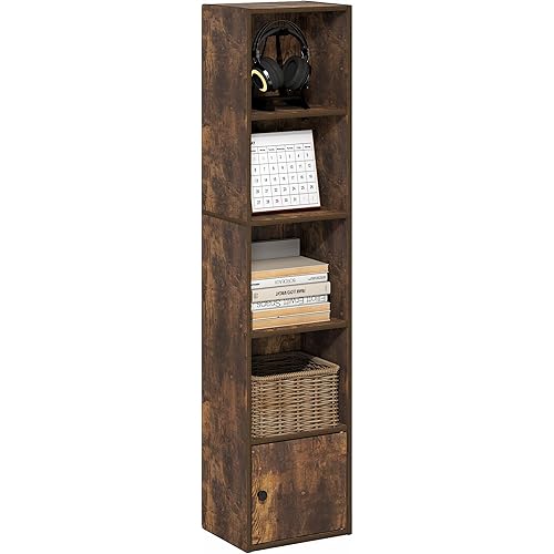 Furinno LUDER Book Shelf, 5-Tier Bookshelf with Open Shelf, Standing Bookcase with 1 Door Cabinet, 9.3 x 12 x 52, for Organization and Storage, for Living Room, Bedroom, Home Office, Amber Pine