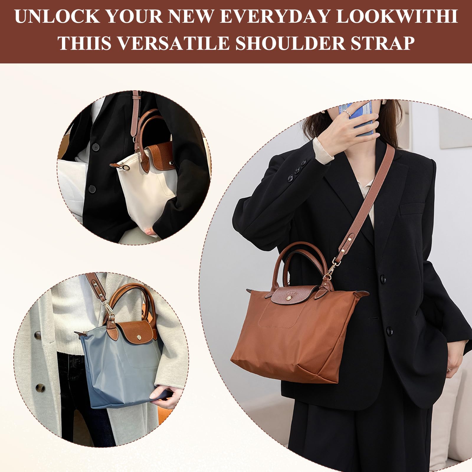 Tracolla Compatibile con Longchamp Mini Regolabili Strap No-Punch Compatibile con Longchamp le Pliage Mini Tracolla per Compatibile con Longchamp Borsa Donna Raccordi (Marrone，2.5cm)