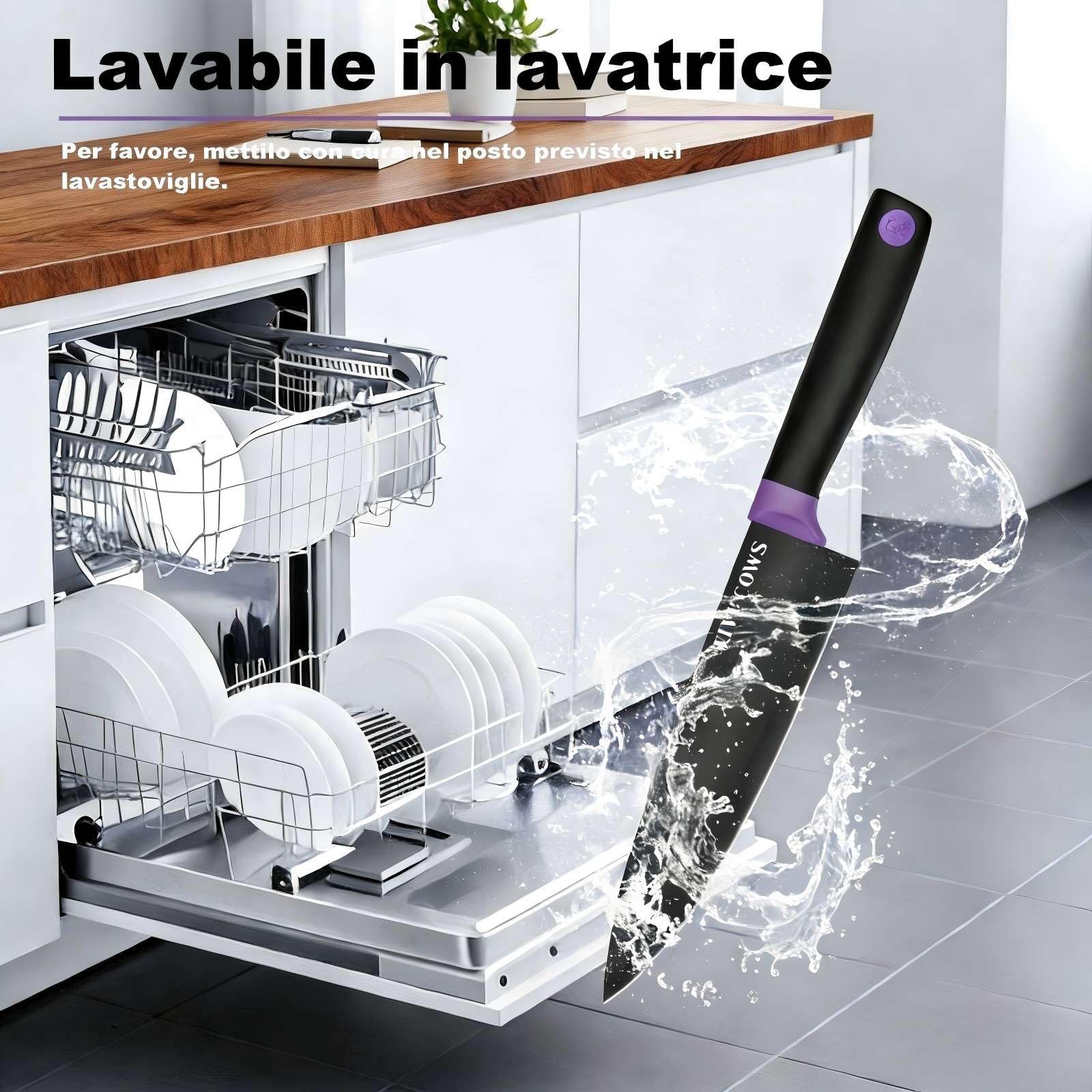 Set Coltelli da Cucina, 14 Pezzi, Set Coltelli da Cucina in Acciaio Inossidabile, con Fessure per Forbici e Asta, Design Moderno per Casa e Ristorante (Viola)