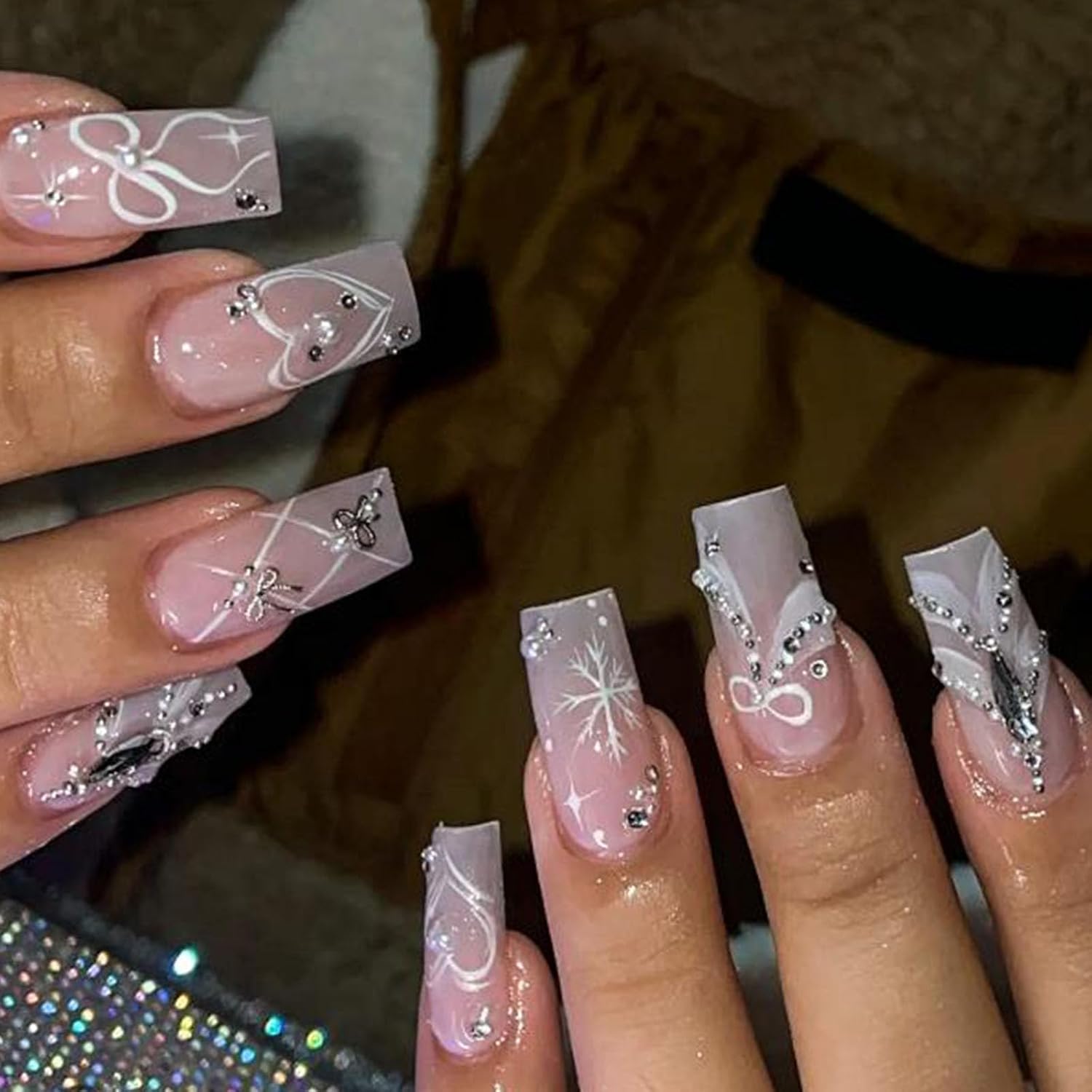 Winter Press on Nails - Medium Square Gray Pink Gradient
