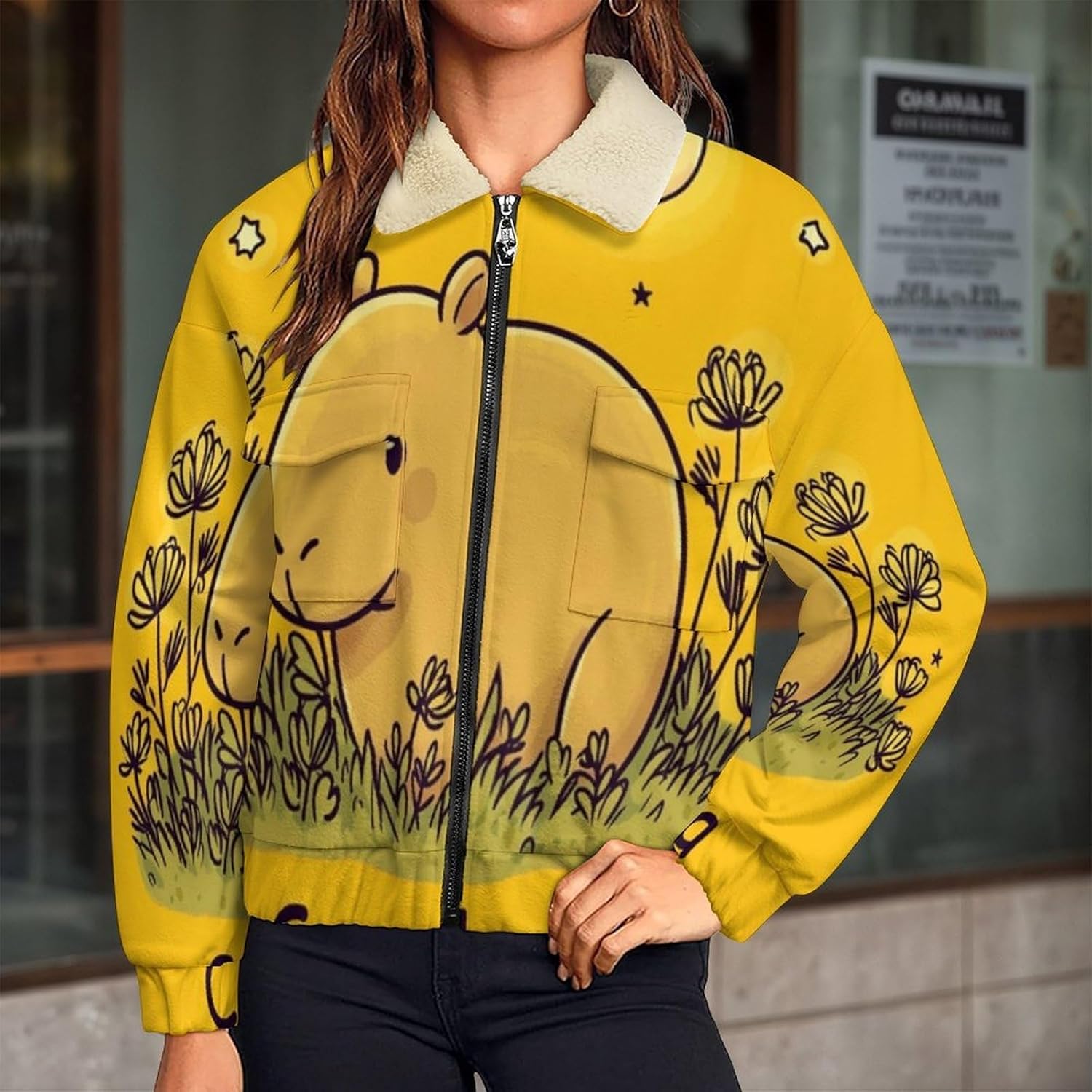 Women Winter Sherpa Lined Fleece Jacket, Long Sleeve Zip Up Capybara Fuzzy Cropped Coats Warm Soft Polar Outwear