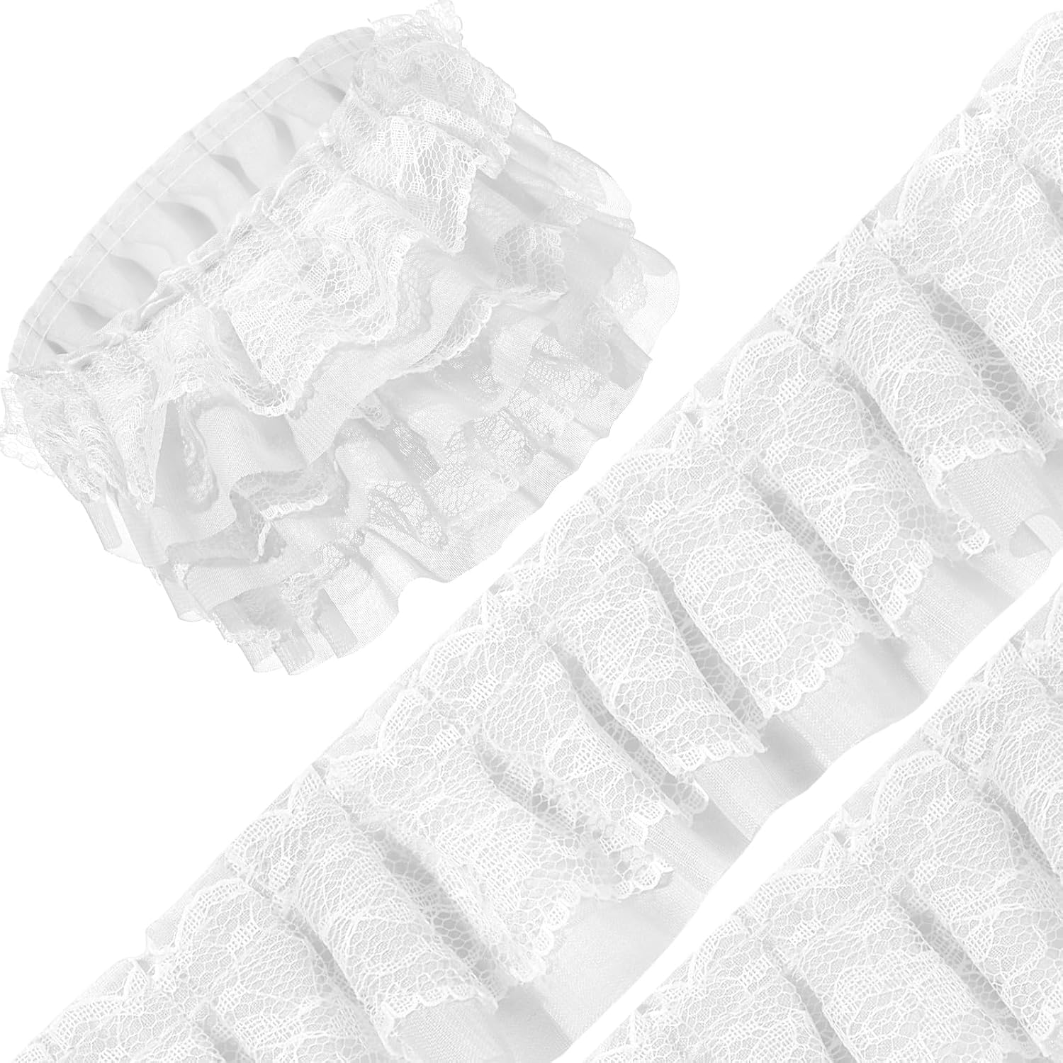 44 Yards White Double-Layer Pleated Chiffon Lace Trim 2" Wide Tulle Trimmings for Home DIY Sewing Crafts Costume Pillowcase Embellishments (White)