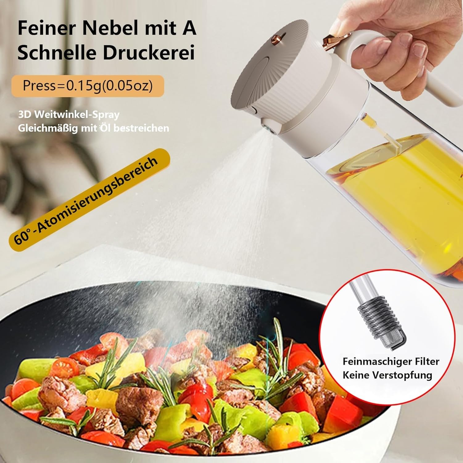Ölsprayer für Kochen Sprühflasche Olivenöl Zerstäuberflasche aus Glas Feinstaub-Sprühkopf Küchenzubehör, Cremeweiß