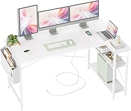 BEXEVUE Corner Desk with Power Strip, 140 x 70 cm Ergonomic Small Storage Compartment L-Shaped Corner Table Reversible Computer Desk, Corner Gaming Table for Study, White