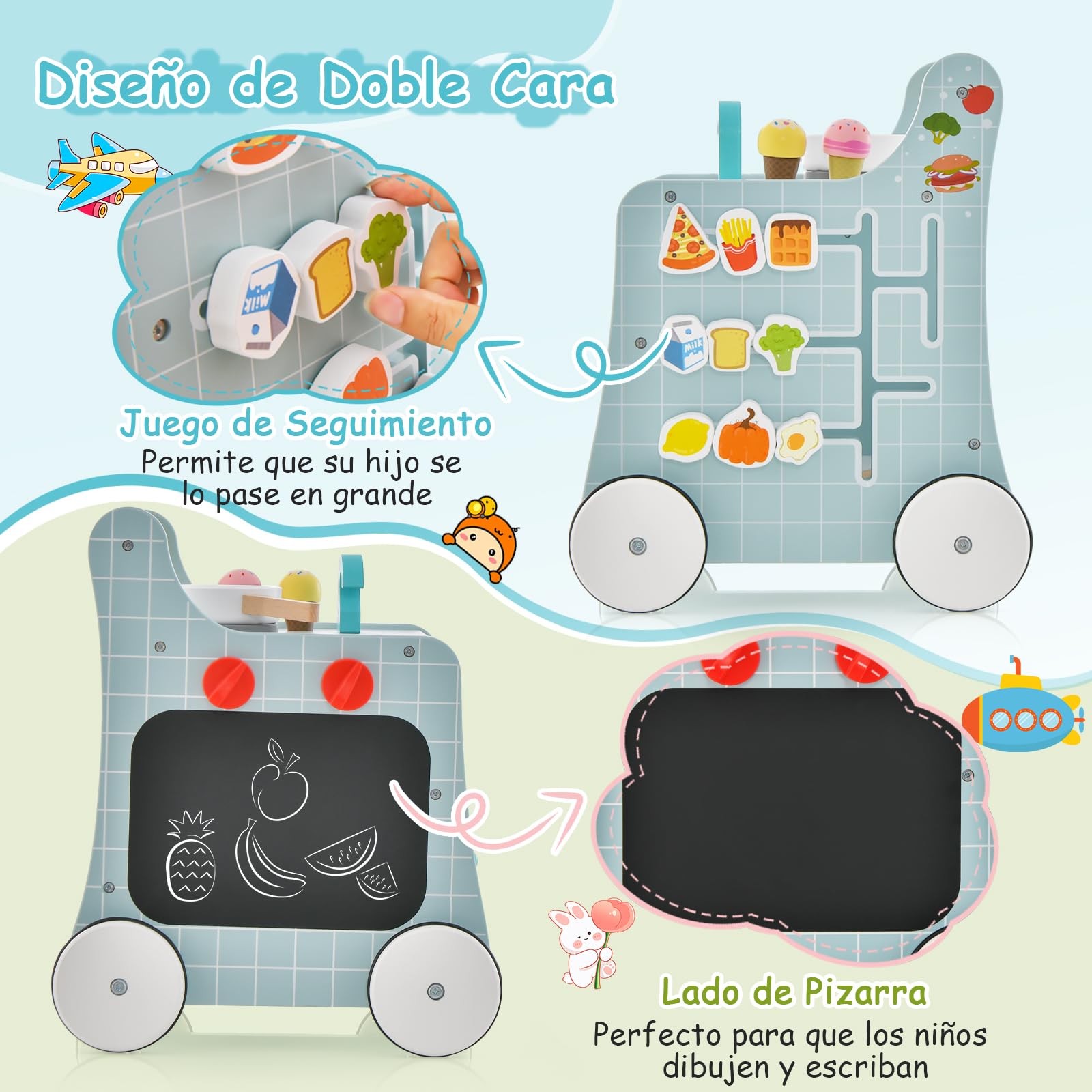 GOPLUS Centro de Actividades de Cocina de Madera 6 en 1, Andador con Cocina para Bebés, Cocina de Juguete, Juego de Empareja, Carriola Ergonómica con Ruedas para Bebés de 12+ Meses (Azul)