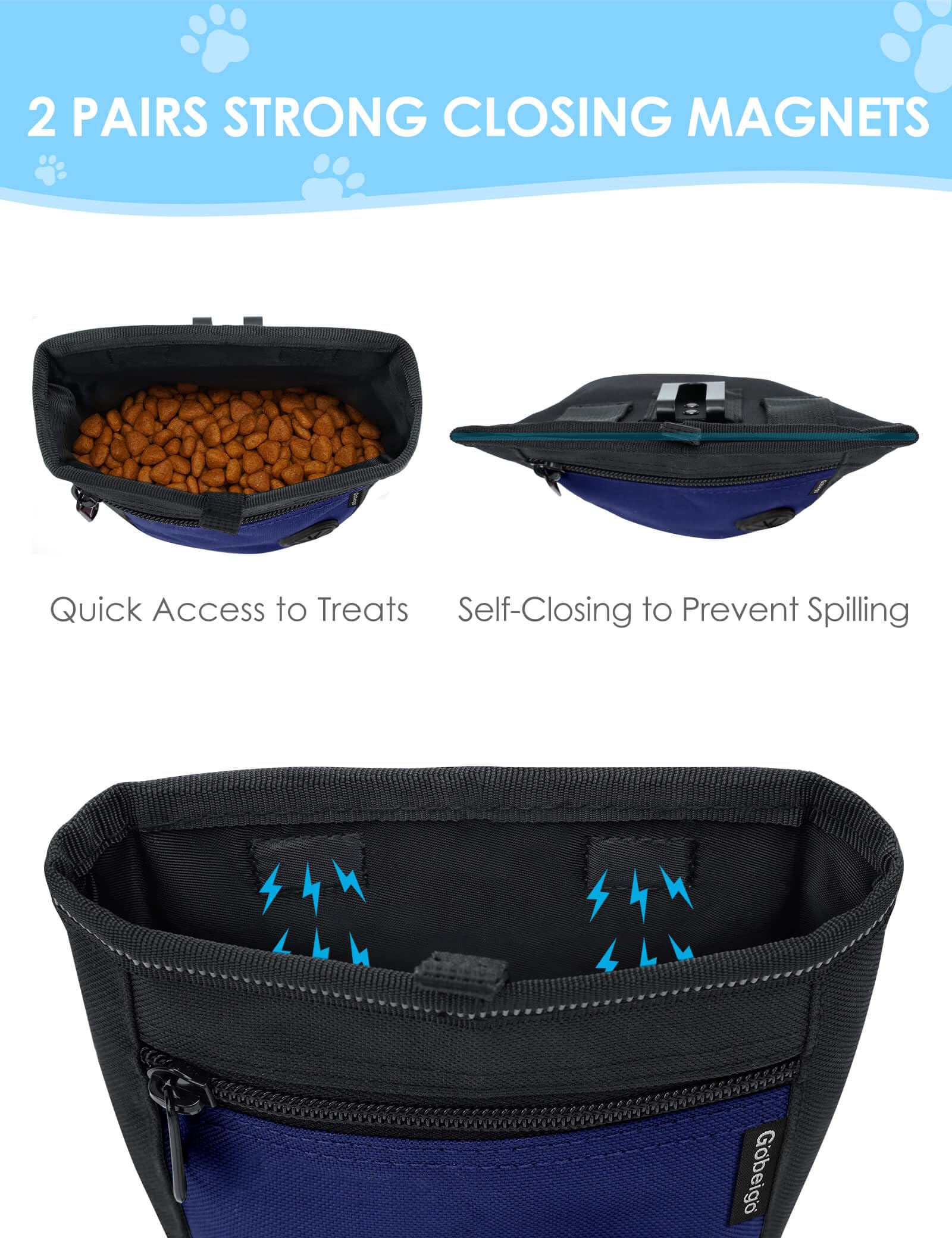 Gobeigo Pochette à friandises pour chien et clicker de dressage, deux fermetures magnétiques pour éviter les déversements, sac à friandises pour 2 tasses avec distributeur de sacs à déjections, clip