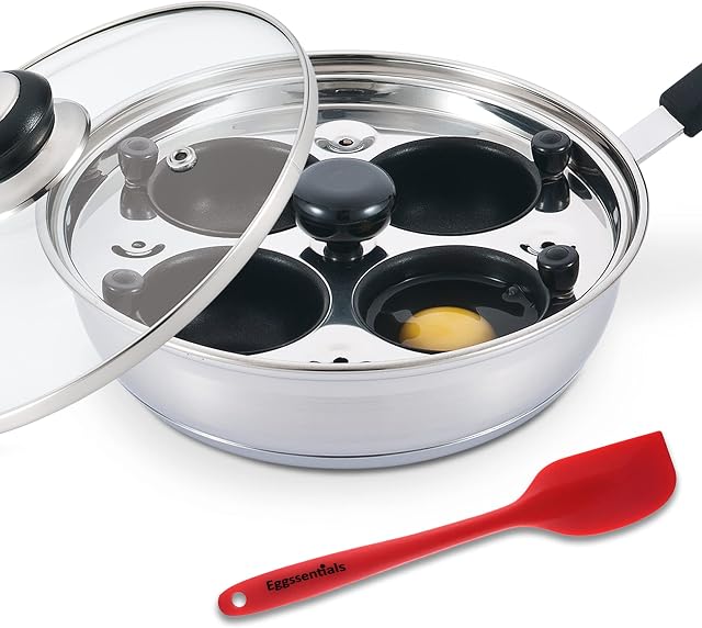 Eggssentials Poached Egg Maker - Nonstick 4 Egg Poaching Cups - Stainless Steel Egg Poacher Pan FDA Certified Food Grade Safe PFOA Free with Bonus Spatula