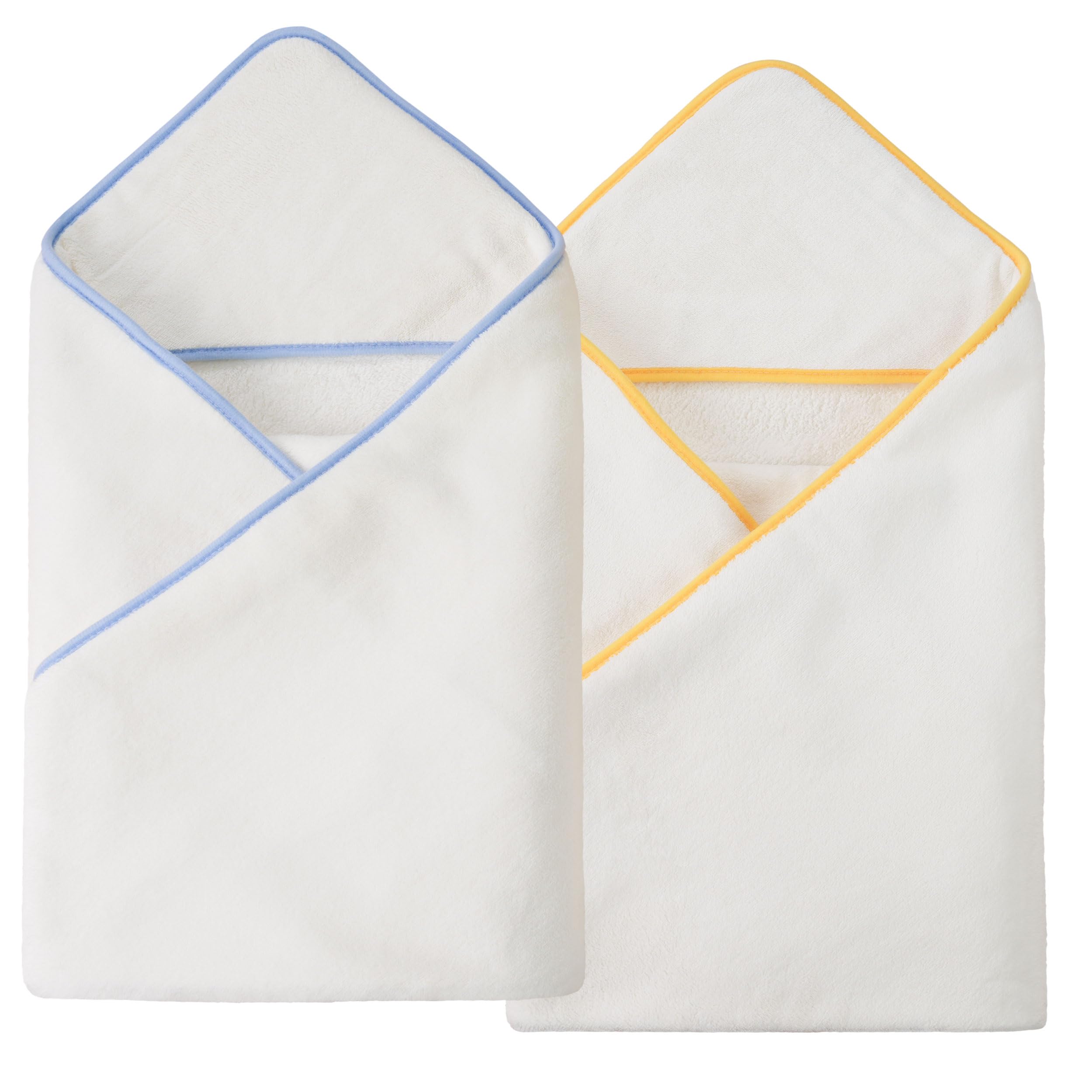 POLYTE Premium Hypoallergenic Microfiber Hooded Baby Bath Towel, 36 x 36 in, 2 Pack (White w/Yellow,Blue Trim)