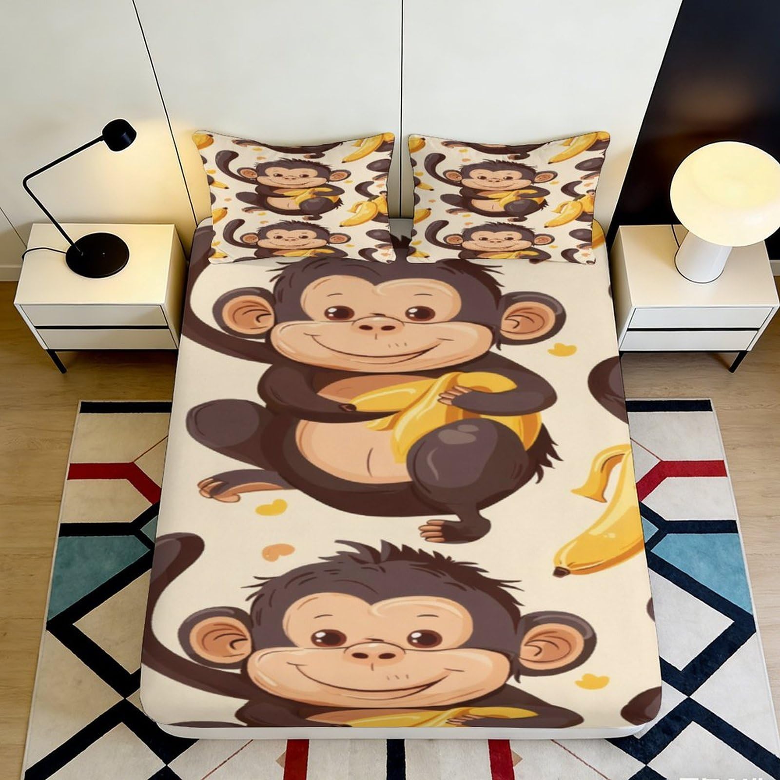 3D Printed Cartoon Monkey Fitted Sheet Microfiber Soft Cute Banana Bed Cover for Bedroom Dorm Mattress Decor 180x200x25cm